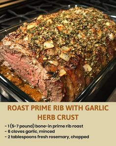 roast prime rib with garlic and herb crust in a casserole dish on the stove