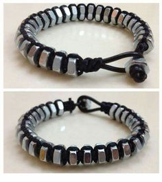 two pictures of the same bracelet with different beads on each side and one has a black cord