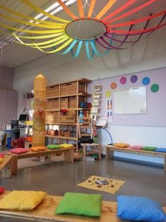 the room is full of colorful furniture and play mats for children to sit down on