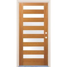 a wooden door with frosted glass on the top and bottom panel, against a white background