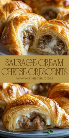 sausage cream cheese croissants on a plate with text overlay that reads sausage cream cheese croissants