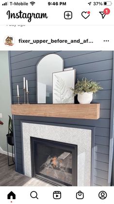 an instagram page with a fireplace in the middle and pictures on top of it