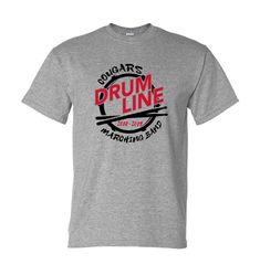 a grey t - shirt with the drum line logo in red and black on it