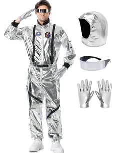 a man dressed in an astronaut suit and silver gloves