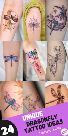 dragonfly tattoo designs on the arm and leg, with text overlay that reads unique dragon