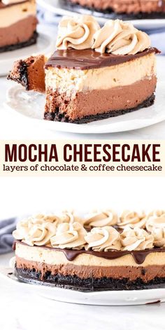 mocha cheesecake layers of chocolate and coffee cheesecake on white plates with text overlay