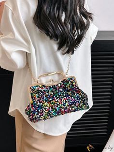 BirdinBag - Sequin-Adorned Medium Square Bag with Chain Strap Top Handle Chain Shoulder Bag For Party, Party Shoulder Bag With Chain And Top Handle, Multicolor Crossbody Shoulder Bag For Party, Party Crossbody Shoulder Bag With Chain, Multicolor Crossbody Shoulder Bag For Evening, Trendy Pouch Satchel For Parties, Trendy Party Pouch Satchel, Party Clutch Bag With Chain Detail, Trendy Multicolor Shoulder Bag For Evening