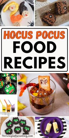 the cover of hoccus pocus's food recipes is shown in this collage