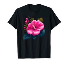 a black t - shirt with pink flower on it's chest and green leaves