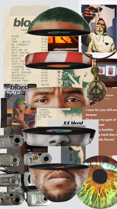 the collage has many different pictures and words on it, including an image of a man's face