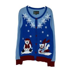 Get Ready For The Holiday Season With This Ugly Christmas Sweater In Size Xl. This Blue Knit Pullover Features A Cute Polar Bear Graphic Print And A Round Neckline. Its Long Sleeves And Tight-Knit Pattern Will Keep You Cozy During The Winter Season. The Sweater Also Has A Casual Sleeve Type And Button Accents. Perfect For Christmas And 90s Themed Parties, This Sweater Is A Must-Have For Any Women's Wardrobe. Made Of A Comfortable Cotton Blend Material, This Ugly Christmas Sweater By Ugly Christm Blue Crew Neck Sweater With Button Closure, Blue Christmas Holiday Sweater, Festive Blue Outerwear For Fall, Christmas Sweater Women, Ugly Christmas Sweater Women, Cute Polar Bear, Bear Graphic, Button Front Cardigan, Sweater Brands