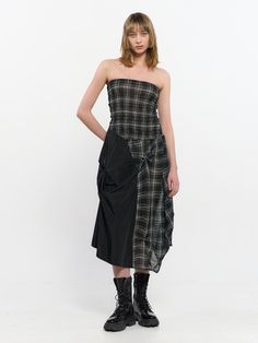 Unique apparels with trendy details will easily make you stylish - Sheer checkered fabric- Smocked detail on the top part, draping detail on the skirt part- Comfortable to wear- Versatile styling with a strapless dress Fitted Plaid Dresses With Smocked Bodice, Chic Plaid Dress With Smocked Back, Plaid Midi Dress With Smocked Bodice, Daywear Smock Mini Dress, Checkered Fabric, Draped Dress, Smocking, Strapless Dress, Jumpsuit Dress