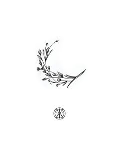 an ink drawing of a branch with leaves on it and the letter x in the middle