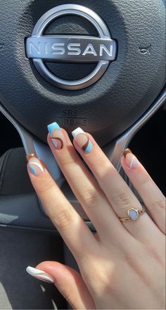 Blue Brown Nail Designs, Nails Brown And Blue, Brown And Blue Acrylic Nails, Blue And Brown Nails Designs, Brown And Blue Nails Design, Beige And Blue Nails, Light Blue And Brown Nails, Blue Brown Nails, Blue And Beige Nails