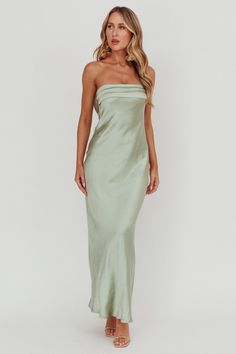 Kona Strapless Pleated Bust Satin Maxi Dress Sage by Selfie Leslie Strapless Satin Dress Long, Strapless Silk Prom Dress, Pastel Green Bridesmaid Dresses, Light Green Dress Formal, Sage Silk Dress, Sage Formal Dress, Prom Dress Sage Green, Silk Dress Strapless, Green Dress Formal