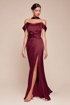 The fitted Emerson Gown features a stunning sweetheart off-the-shoulder design with a gathered hipline and an elegant leg slit, crafted from luxe satin. The structured boned bodice provides excellent support, while the lace-up corset back can drape around the neck for a unique twist. Perfect for bridesmaids, wedding guests, or formal events, this dress combines sophistication and allure effortlessly. Make a statement at your next occasion with this exquisite gown! Fitted Luxe Satin Gown Sweethea Red Wedding Dress Guest, Satin Lace Dress, Gown Fitted, Fitted Gown, Cinderella Divine, Lace Up Corset, Boned Bodice, Satin Evening Dresses, 21st Dresses