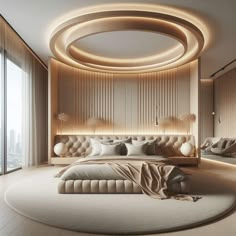 a modern bedroom with round lights and circular bed in the center, along with large windows