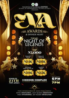 an event poster with gold stars and lights