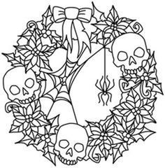 a wreath with skulls and spider webs on it, surrounded by holly leaves in black and white