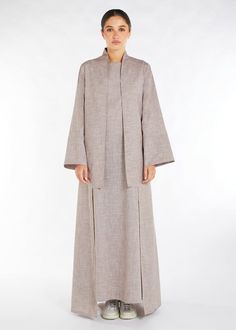 Elegant Hijabi Dresses, Linen Abaya Design, Open Abaya Outfit, Everyday Abaya, Halal Outfits, Physical Project, Open Abayas, Linen Abaya, Luxury Abaya