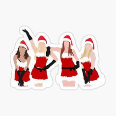 three women in red dresses and santa hats stickers on a white background with one pointing at the viewer