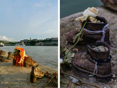 two pictures side by side one with shoes and the other with flowers in them on rocks near water