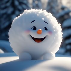 a close up of a snowball with a smile on it's face and eyes