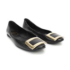 Roger Vivier flats in black smooth leather with large gold buckles on the toes. Brand = Roger Vivier Condition = 8/10, Very good, hairline scratches to buckles, very light scuff marks on leather Size = Women's 36.5 EU Material = Leather SKU = 23250-1 Formal Square Toe Flats With Buckle Closure, Luxury Flats With Buckle Closure And Round Toe, Roger Vivier Sneakers, Roger Vivier Heels, Roger Vivier Flats, Luxury T-strap Sandals With Buckle Closure, Roger Vivier, Sneaker Collection, Womens Flats