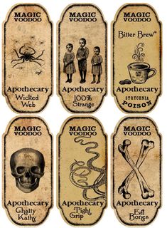 six labels with different types of witches