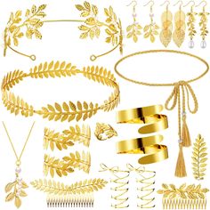 a collection of gold jewelry and accessories