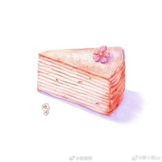 a drawing of a piece of cake with pink frosting and flowers on the top