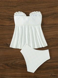 Eromis - Womens Eyelet Embroidery Hollow Out Bowknot 2 Piece Set Tankini - Bandeau Style, Plain Stretchy Ruffle Swimsuit - High-Quality Swimwear & Clothing White Fitted Swimwear Set, White Ruffled Beachwear Set, White Embroidered Vacation Sets, White Ruffled Beach Set, White Sleeveless Sets For Beach Season, Bandeau Tankini, Eyelet Embroidery, Ruffle Swimsuit, Cleaning Materials