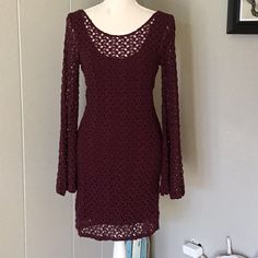 Beautiful, Classy, Sexy, Stunning! These Words Must Be Used When Describing This Cute Dress By Free People! Open Knit Dress Is Fully Lined, Except For The Bottom 2 Inches At The Hem, And The Gorgeous Bell Sleeves! Sexy Scoop Back. Never Worn, Excellent Condition After Sitting In My Closet For A Year! If It Still Fit, I’d Keep It! Would Look Great With Strappy Heels For A Late Summer Date Night, Or Transition Into Fall By Adding Boots Or Booties And A Jacket! Listed As Purple But True Wine Color Fitted Mini Crochet Dress For Brunch, Fitted Crochet Mini Dress For Brunch, Fitted Crochet Dress For Fall Party, Summer Dates, Dropwaist Dress, Wine Colored, Late Summer, Drop Waist, Free People Dress