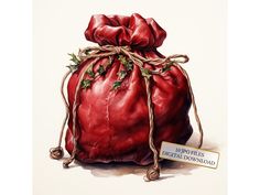 a painting of a red bag with ivy on it and a tag in the front