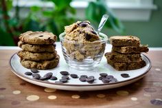 chocolate chip cookies and ice cream on a plate