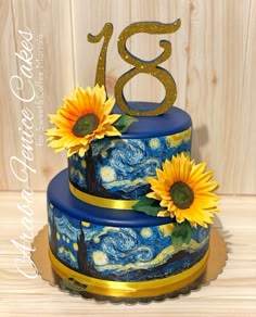 a three tiered cake decorated with sunflowers and the number eighteen on top