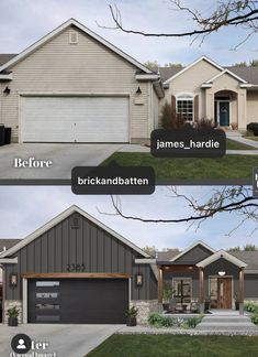 before and after pictures of a new home in the suburbs, with garage doors open