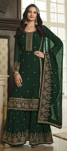 Green color Salwar Kameez in Georgette fabric with Embroidered, Lace, Sequence work Green Sharara, Long Anarkali Gown, Plazzo Suits, Long Anarkali, Sharara Suit, Salwar Kamiz, Anarkali Gown, Party Kleidung, Sharara Set