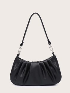 Black Elegant   PU Leather Plain Baguette Bag,Ruched Bag Embellished   Women Bags Ruched Bag, Baguette Bag, Word Wrap, Black Chain, Olivia Mark, Black Handbags, White Bag, Bag Pattern, Shoulder Bag Women