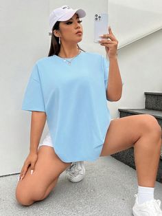 Celeste Casual Collar manga media Tela tejida Liso  Embellished No-Elástico Sky Blue Tshirt, Long Sleeve Shirt Outfits, Blue Long Sleeve Shirt, White Caps, Plain Tshirt, Table Saw, Plus Size T Shirts, Kids Beachwear, Oversized Shirt