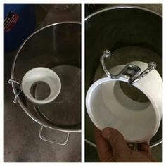 two pictures showing the inside and outside of a bucket with a cell phone in it