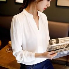 Women Chiffon Blouse Long Sleeve Loose V Neck Casual Lady Office T-Shirts Top Ca White Chiffon Shirt, Buisness Casual Women, Casual Chiffon Blouse, Long Sleeve Chiffon Shirt, Ladies Chiffon Shirts, Chiffon Shirt Blouse, Women Chiffon Blouse, Chiffon Blouses, Cotton Shirts Women