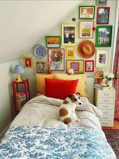 a dog laying on top of a bed in a room with many pictures above it