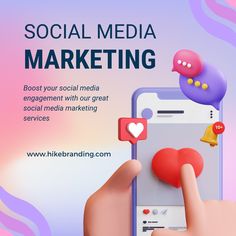 a hand holding a smart phone with the text social media marketing on it and an image of a heart