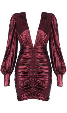 Let Your Hair Down Wine Red Metallic Long Lantern Sleeve Plunge V Neck – Indie XO Long Sleeve V Neck Dress, Plus Zise, Celebrity Inspired Dresses, Metallic Dress, Looks Chic, Inspired Dress, Ruched Dress, Bodycon Mini Dress, V Neck Dress