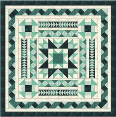 a green and white quilt with an intricate design on the front, in black and white