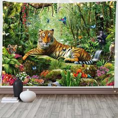 a tiger laying in the middle of a jungle with other animals and plants around it