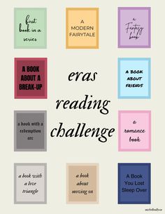 a book cover with the words eras reading challenge written in different colors and font styles