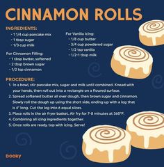 the instructions for cinnamon rolls on a blue background