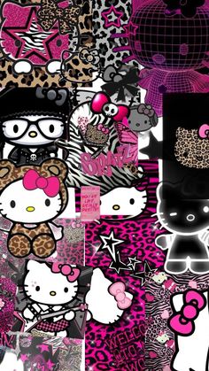 an assortment of hello kitty wallpapers in pink, black and white colors with leopard print